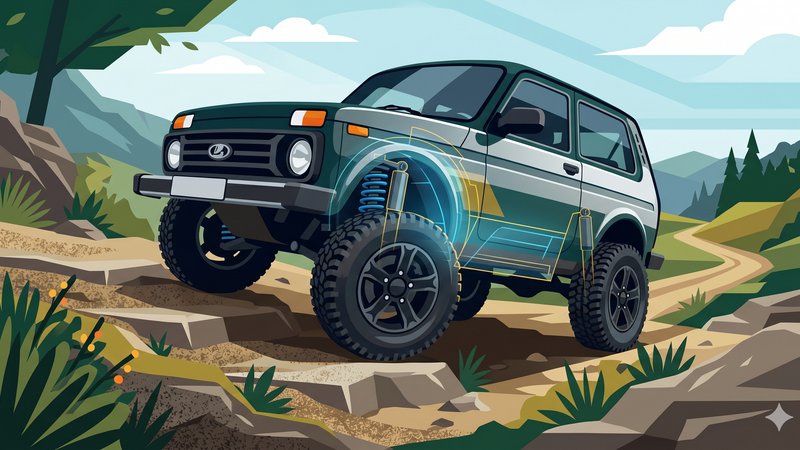 Схематичное изображение подвески LADA Niva Legend для статьи о лучшем тюнинге и лифте 2026 года